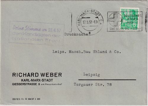 DDR - Karl-Marx-Stadt 1957 polititischer Nebenstempel Drucksache n. Leipzig