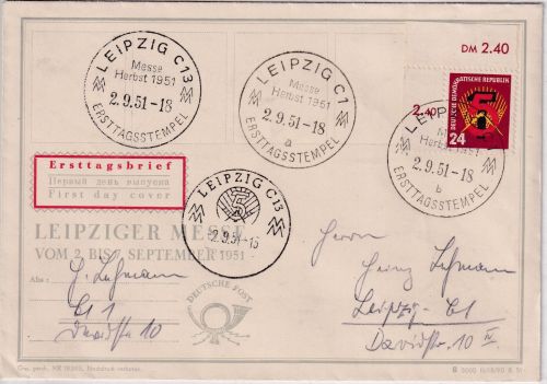 DDR - 24 Pfg. Bogenecke Erster Fünfjahresplan FDC/ESST Leipzig Messe 2.9.51