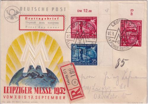 DDR - 2x24+35 Pfg. Leipziger Messe Ortseinschreibebrief/Schmuck-FDC ESST 1952