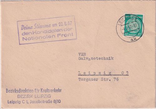 DDR - Leipzig 1957 polititischer Nebenstempel Ortsbrief/Verwaltungspost B