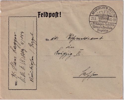 DR - Neukirchen (Erzgeb.) 1940 Handwerbestpl. Feldpostbrief (RAD) n. Leipzig