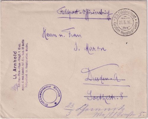 DR - K.D.Feldpostamt Großes Hauptquartier Feldpostbrief sächs. Husaren 1916