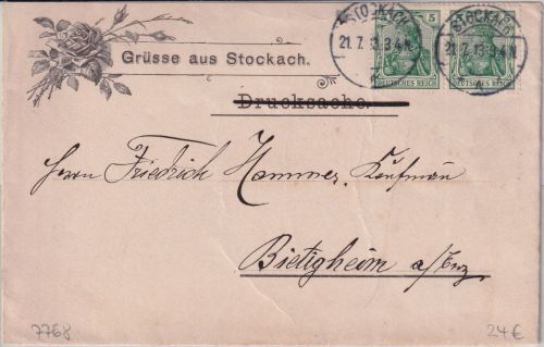 DR - Grüsse aus Stockach Vordruckkuvert 2x5 Pfg. Germania n. Bietigheim 1913