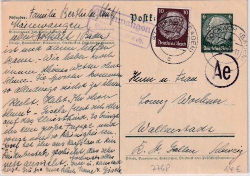 DR - Mainwangen ü. Stockach Ganzsache + Zusatz i.d. SCHWEIZ 1941 OKW-Zensur "Ae"