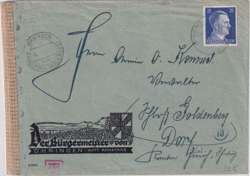 DR - Öhningen ü. Radolfzell Poststelle I illustr. Zensurbrief i.d. SCHWEIZ 1943