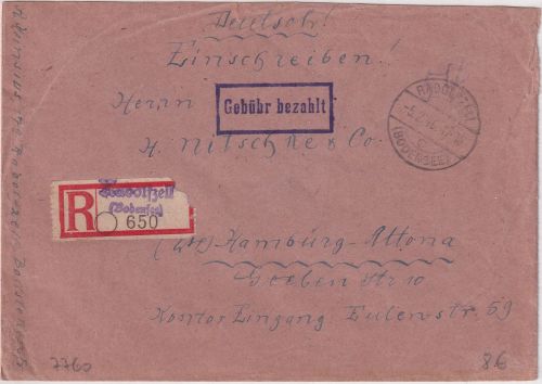 All.Bes. - Radolfzell 5.2.45 Gebühr bezahlt Ra1 Einschreibebrief n. Hamburg