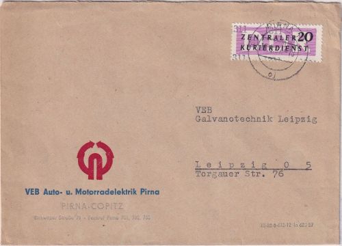 DDR - 20 Pfg ZKD/Verwaltungspost A/1311 Brief Pirna - Leipzig 18.9.57