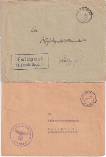 DR - Posen 1940 2 Feldpostbriefe Luftgau-Kdo. II Fl.Ausb.Rgt. 31 n. Leipzig
