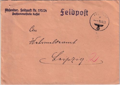 DR - Fp.Nr. 17554 (Hgr.Kdo C) Postsammelstelle Kassel Feldpostbrief n. Leipzig