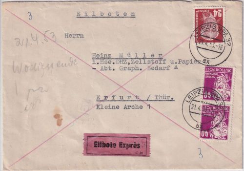DDR - 2x40+24 Pfg. Freimarken Eilbrief Leipzig - Erfurt 1953