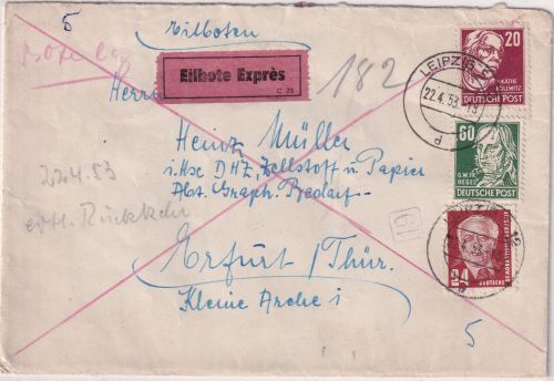 DDR - 60+20+24 Pfg. Freimarken Eilbrief Leipzig - Erfurt 1953