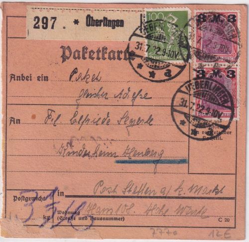 DR-Infla - 2x3 M. Germania/Überdruck u.a. Paketkarte Überlingen - Stetten 1922