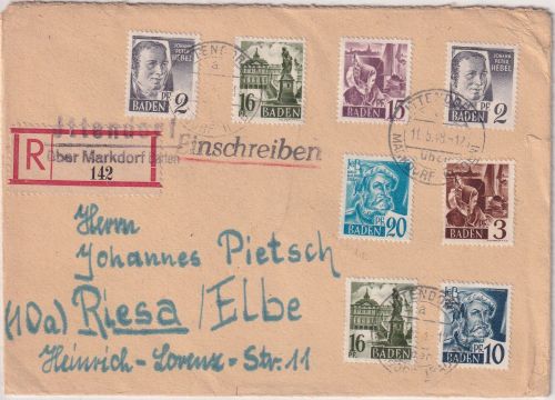 FZ/Baden - Jttendorf ü. Markdorf Poststelle I Einschreibebrief n. Riesa 11.5.48