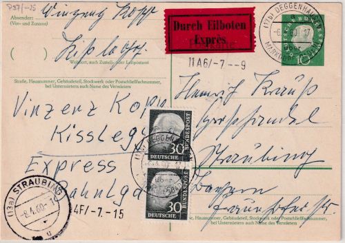 BRD - 10 Pfg. Heuss Med. Ganzsache+Zusatz Eilkarte Deggenhausen ü. Markdorf 1960