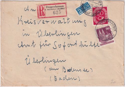 BRD - 20+60 Pfg. Posthorn/Bauten Einschreibebrief Deggenhausen ü. Markdorf 1951