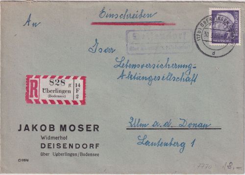 BRD - Deisendorf ü. Überlingen Landpost-Ra2 Einschreibebrief n. Ulm 1960