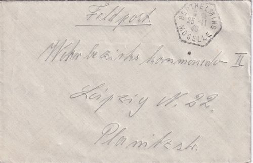 Dt. Bes. Lothringen - Berthelming Moselle franz. Stpl. Feldpostbrief 1940