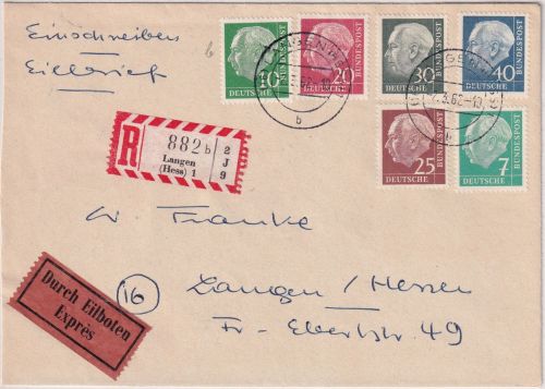 BRD - 30 Pfg. Heuss II lumogen u.a. Orts-Eil-Einschreibebrief Langen (Hess) 1962
