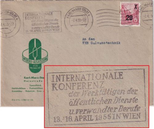 DDR - Karl-Marx-Stadt 1955 Int. Konferenz Werktätige Masch.werbestpl. Brief