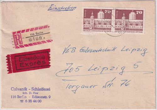 DDR - 2x70 Pfg. Aufbau Eil-Einschreibebrief Berlin - Leipzig 1975
