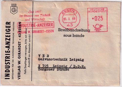 BRD - Essen 1968 25 Pfg AFS "Industrie-Anzeiger" Streifbandzeitung-Vds. bis 250g