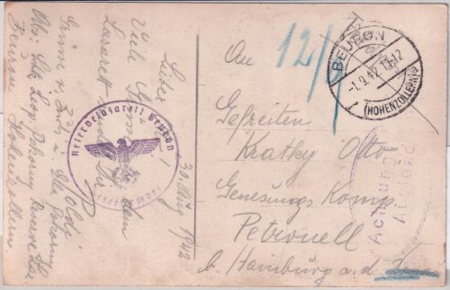 DR - Beuron 1942 Feldpostkarte Reservelazarett "Achtung Abstand !" n. Petronell