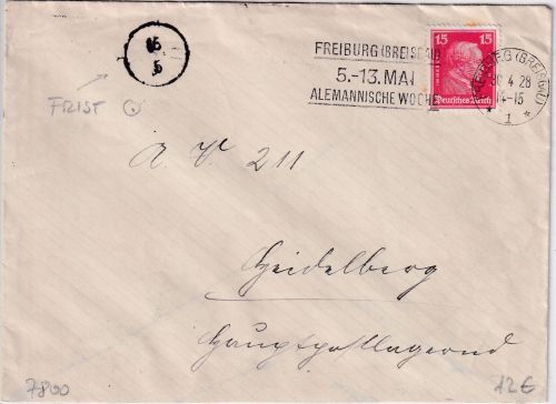 DR - 15 Pfg. Kant Brief Freiburg - Heidelberg/hauptpostlagernd 1928 Friststempel