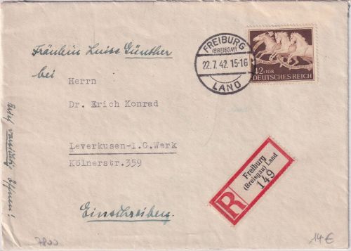 DR - 42 Pfg. Braunes Band Einschreibebrief Freiburg Land - Leverkusen 1942