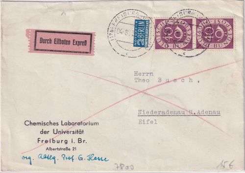 BRD - 2x40 Pfg. Posthorn Eilbrief Freiburg (gr. Stempeltype) - Adenau 1952