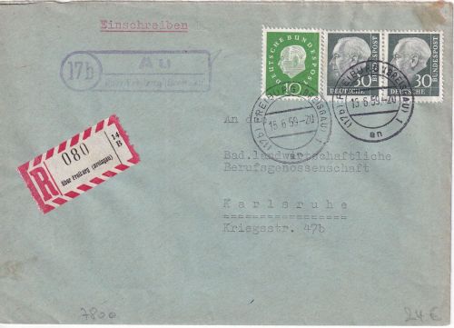 BRD - (17b) Au ü. Freiburg Landpost-Ra2 Einschreibebrief n. Karlsruhe 1959
