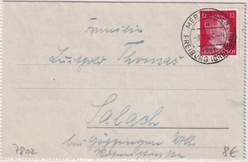 DR - Merzhausen ü. Freiburg Poststelle I Kartenbrief n. Salach 1943