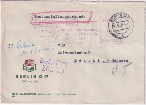 DDR - Berlin 1959 90 Pfg. ZKD-AFS "WMW Export" Zustellurkunde n. Leipzig