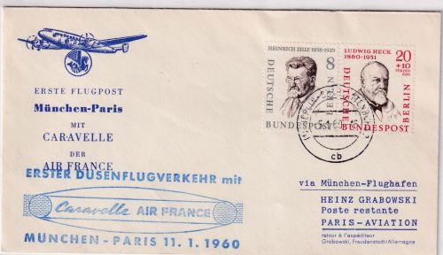 Berlin - Air France Zuleitungspost 1st-Flug Caravelle München Paris 11.1.60
