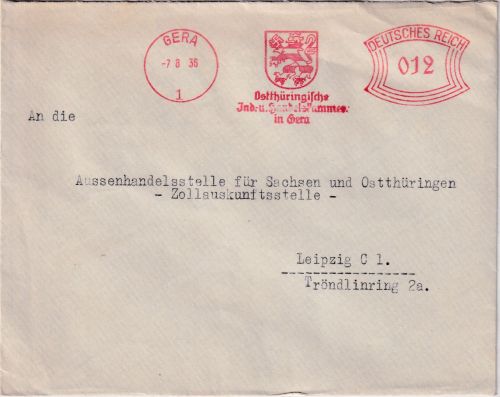 DR - Gera 1936 12 Pfg. AFS "Ostthüringische Industrie- u. Handelskammer" Brief