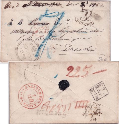 England/Preussen/Sachsen - Cornwall 1852 Portobrief n. Dresden Transit Aachen
