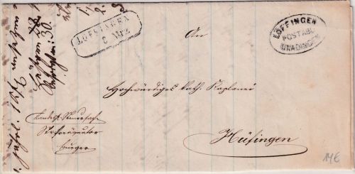 Baden - Löffingen Postablage Unadingen Dienstbrief n. Hüfingen 1865