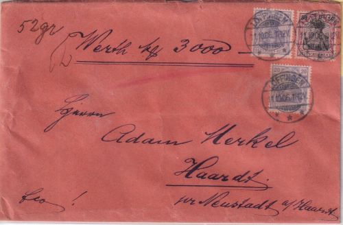 DR - 50+2x20 Pfg. Germania Wertbrief Löffingen - Haardt/Neustadt 1906