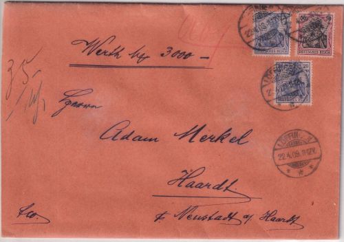 DR - 50+2x20 Pfg. Germania Wertbrief Löffingen - Haardt/Neustadt 1909