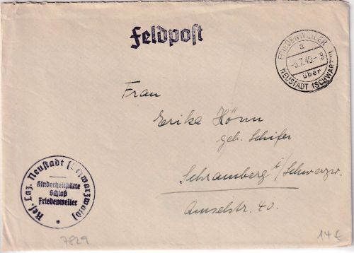 DR - Friedenweiler ü. Neustadt Poststelle I Feldpostbrief n. Schramberg 1940
