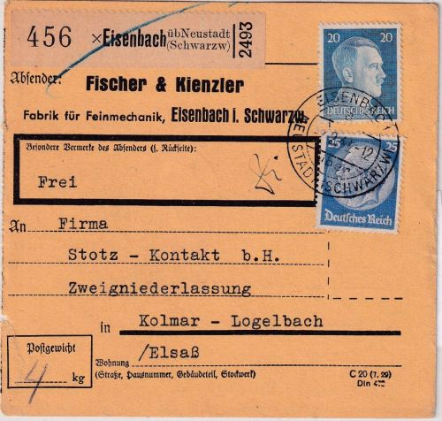 DR - Eisenbach ü. Neustadt Poststelle I Paketkarte n. Kolmar 1942