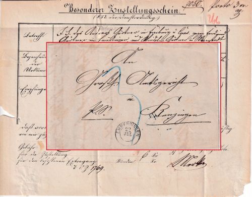 Baden - Emmendingen 22 JUL K2 Besonderer Zustellungsschein n. Kenzingen 1867