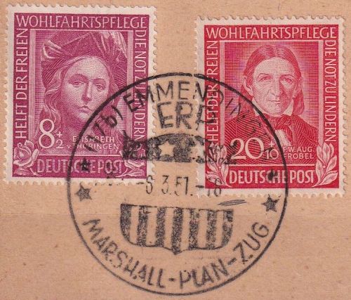 BRD - Emmendingen 1951 SST ERP Marshall-Plan-Zug Briefstück 8+20 Pfg. Wofa 1949