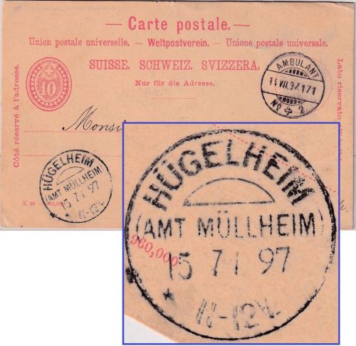 DR - Hügelheim (Amt Müllheim) 1897 KOS/Ank.stpl. 10 Rp. Ganzsache Ambulant No.2