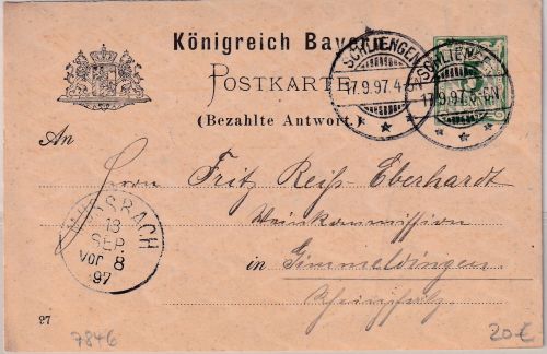 Bayern - 5 Pfg. Rauten Ganzsache/Antwortteil Fremdentwertung Schliengen 1897