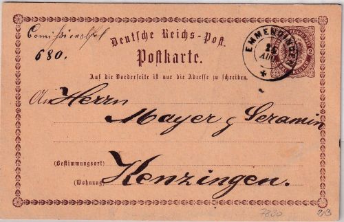 DR - Emmendingen 25 AUG bad. K2 2 Kr. Brustschild Ganzsache n. Kenzingen 1873
