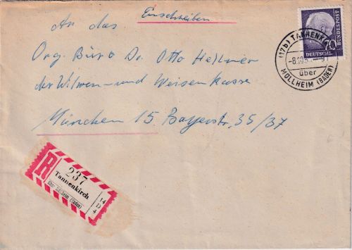 BRD - Tannenkirch ü. Müllheim Poststelle I Einschreibebrief n. München 1957