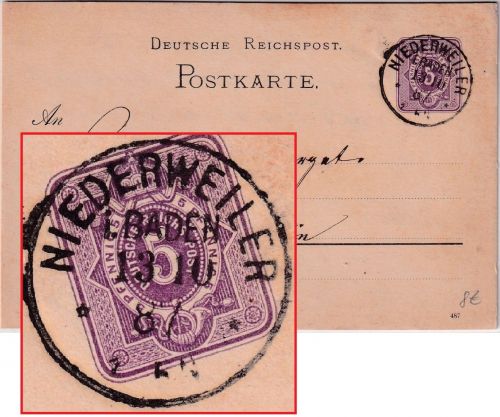 Baden - Niederweiler (Baden) 1887 K1 5 Pfg. Ganzsache n. Hügelheim