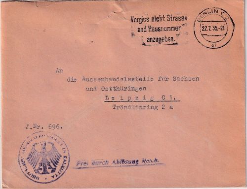 DR - Deutsches Generalkonsulat Kalkutta Brief/Frei d. Ablösung Berlin 1935