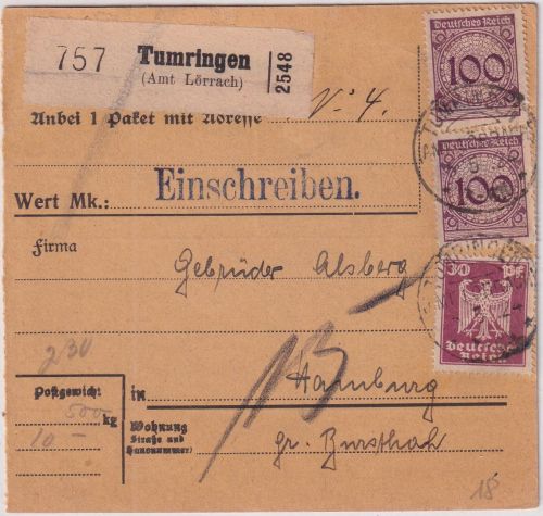 DR - Tumringen (Amt Lörrach) 1924 KOS Paketkarte n. Hamburg