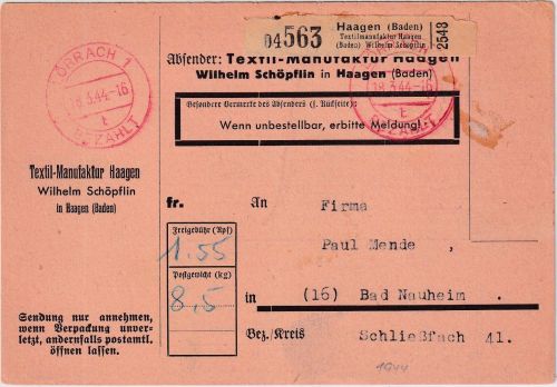 DR - Lörrach bezahlt 1944 roter Tagesstpl. Paketkarte Haagen - Bad Nauheim